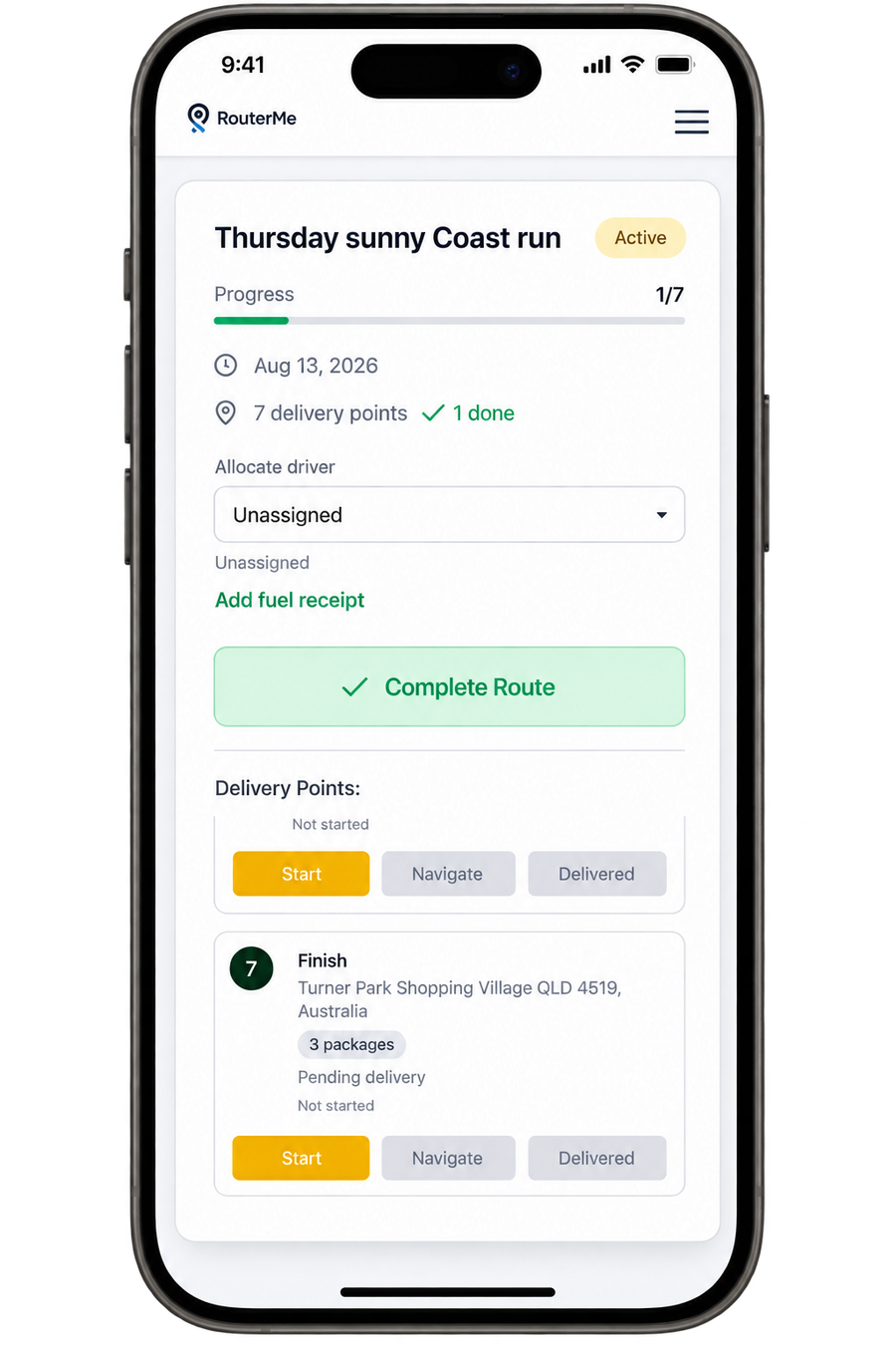 RouterMe active route detail showing delivery progress and stop actions on iPhone
