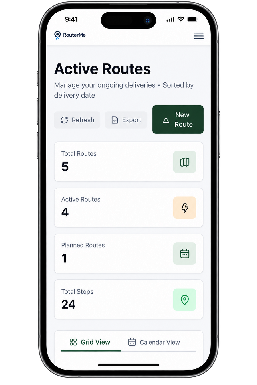 RouterMe active routes dashboard with route counts and delivery stats