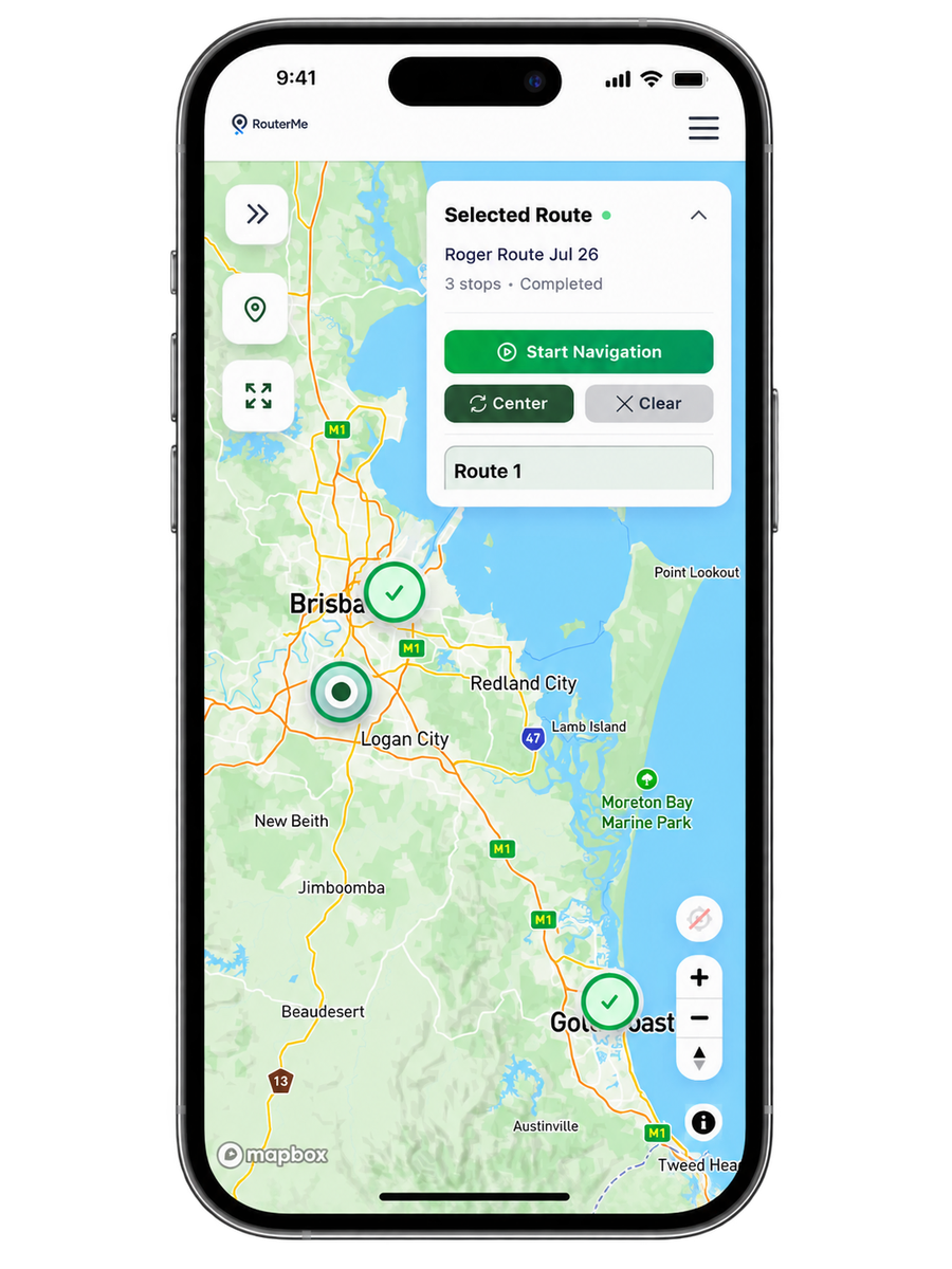 RouterMe navigation map on iPhone with live stop markers, route progress, and start navigation