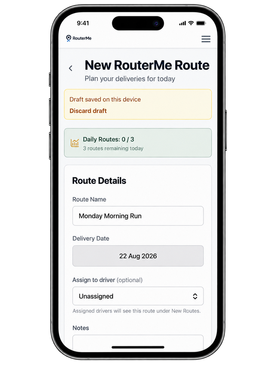RouterMe new route screen showing stop setup on iPhone