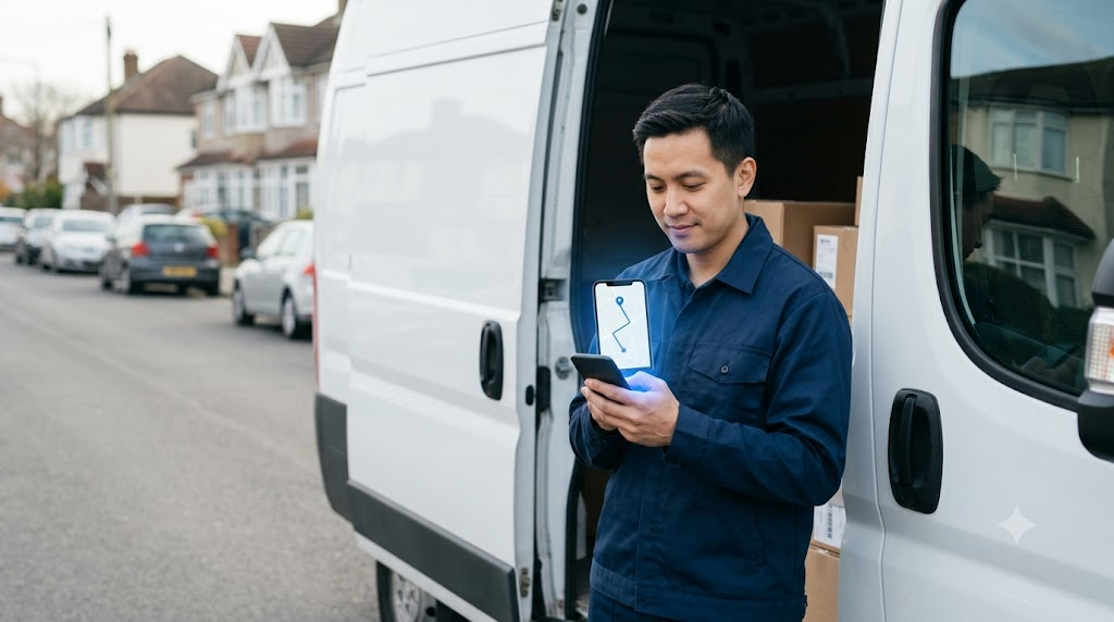 Delivery driver checking an optimized route on a phone next to an open delivery van