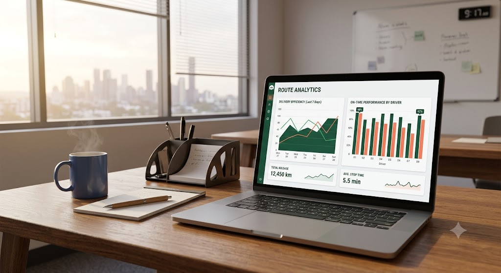 Laptop dashboard showing route analytics and delivery performance charts