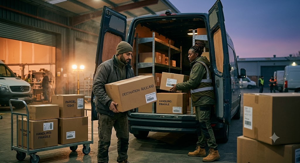 Delivery drivers loading packages into a van at a warehouse dock