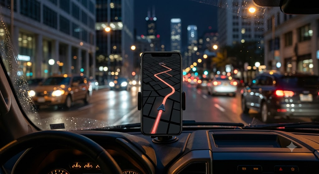 Phone navigation showing live GPS tracking of a delivery route at night