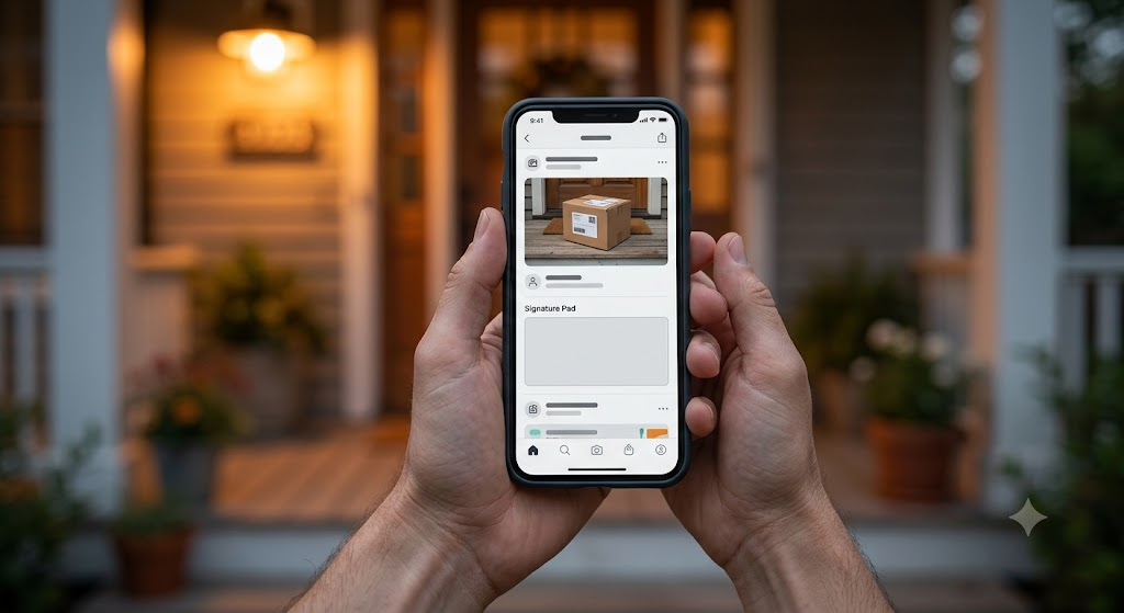 Customer signing for a package on a phone as proof of delivery