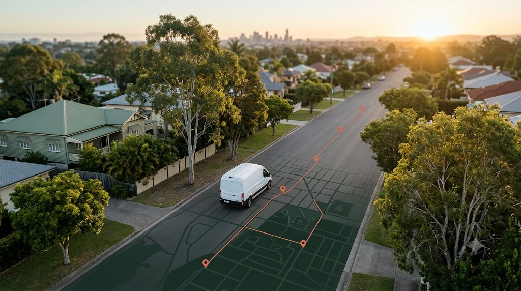 Aerial view of a delivery van with an optimized coral route overlay on city streets