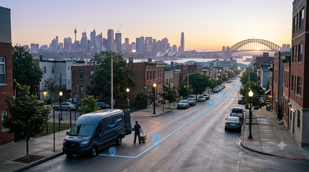 Delivery driver following a glowing optimized route through a city street at dawn