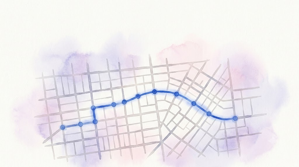 Illustration of an optimized delivery route mapped across city streets