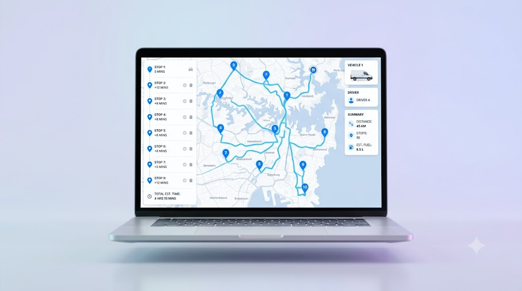 RouterMe route planning dashboard showing an optimized multi-stop delivery route on a laptop