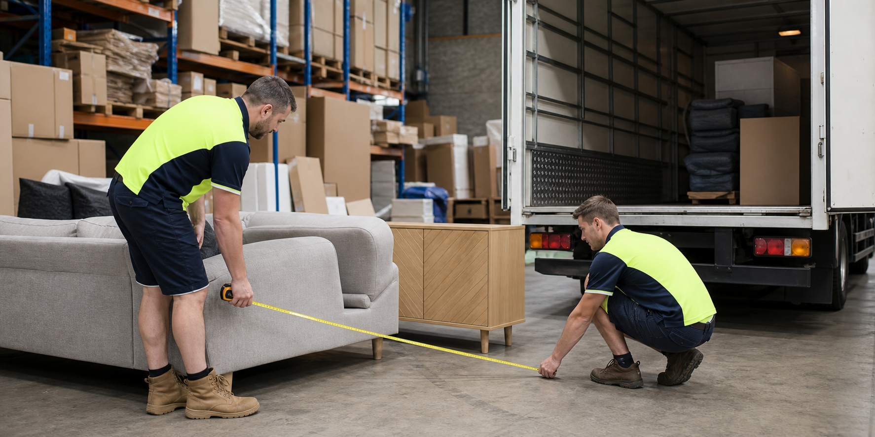 Furniture delivery team measuring bulky items before loading a truck