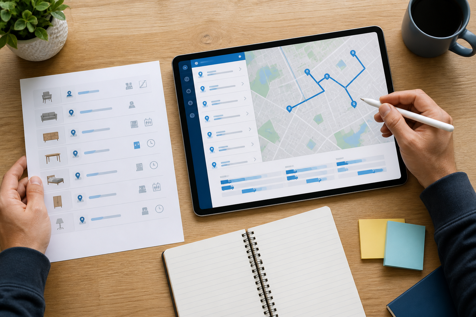Furniture delivery schedule and multi-stop route planned on a tablet