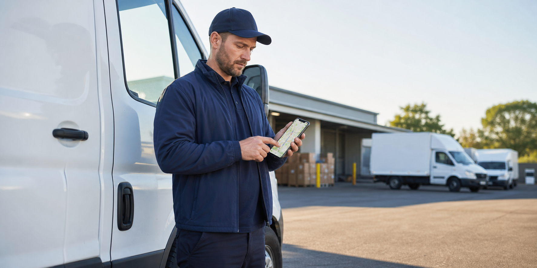 Delivery driver planning a Sydney toll-road route beside a parked van